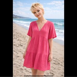 GAP Double Gauze Cotton Tiered Dress Pink Size XXL